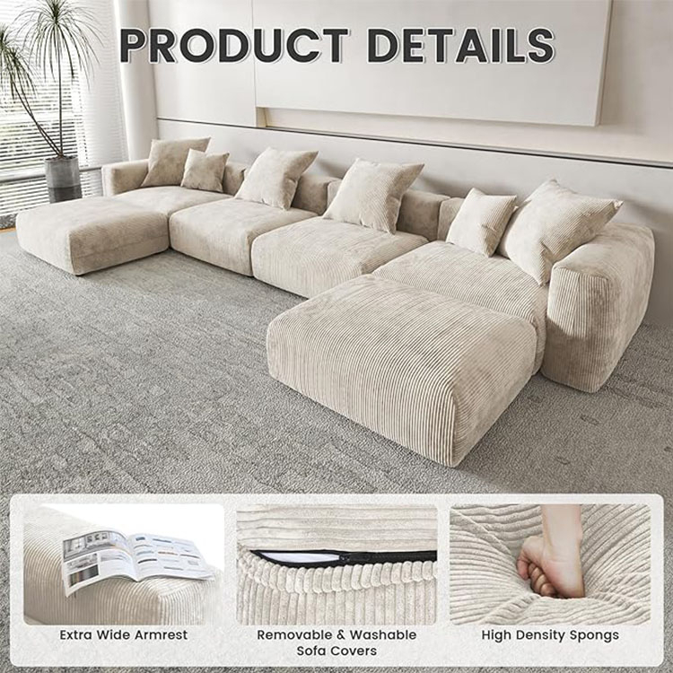 3 Seater Corduroy Foam Modern Modular L Shape Corner Sectional Couch Living Room Sofa - Image 3